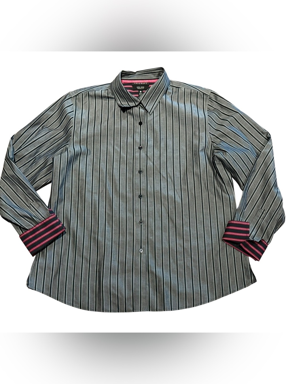 Foxcroft Non Iron Black & Gray Striped Dress Shirt Contrast Cuffs Womens 12